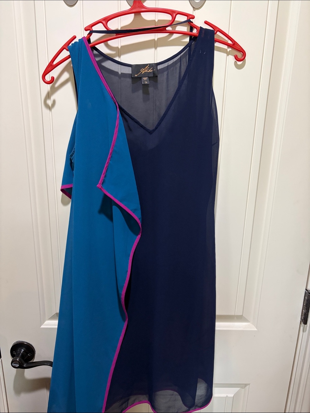 Akiko Navy Shift Dress with Teal Overlay and Pink Trim